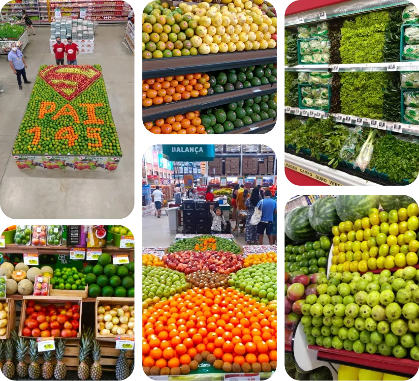 Imagem composta por 6 fotos de frutas, verduras e legumes Frutas Lessa expostos em clientes