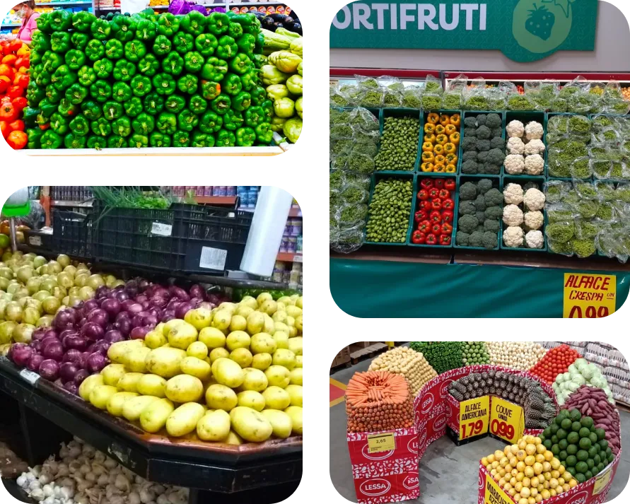 Imagem com composição de fotos das frutas, legumes e verduras da Frutas Lessa em supermercados