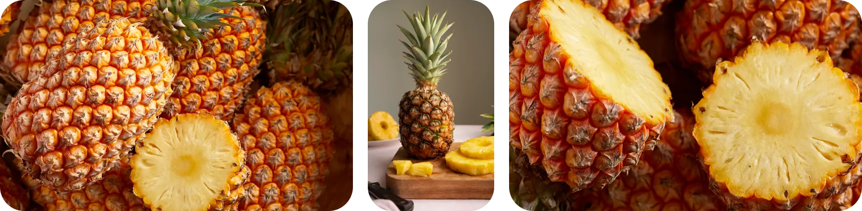 Imagem com composição de três fotos de Abacaxi Premium Frutas Lessa