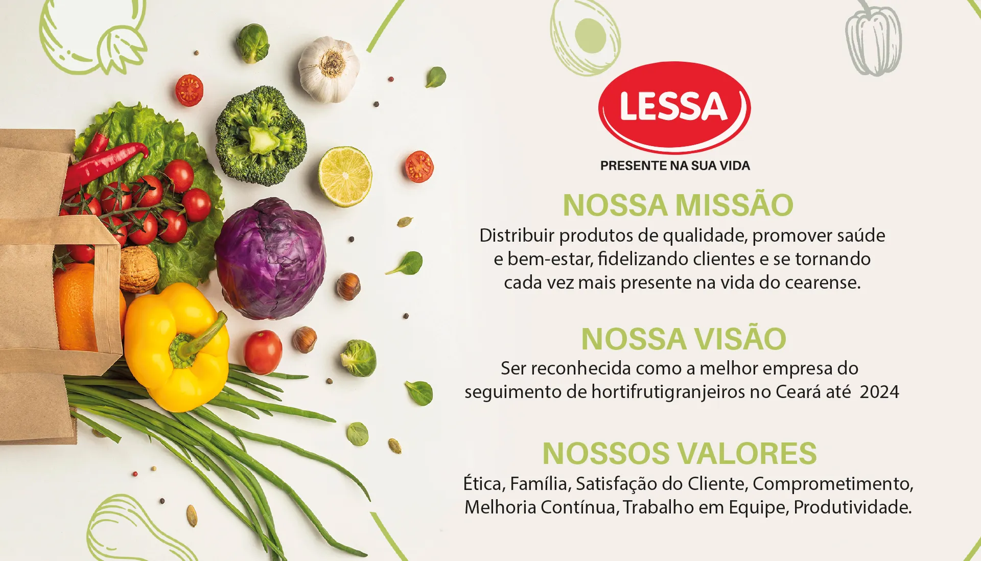 Imagem onde estão descritas a missão, visão e valores da Frutas Lessa