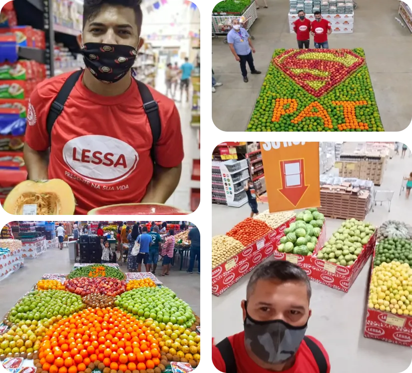 Imagem composta por 4 fotos com produtos Frutas Lessa expostos e também com colaboradores Frutas Lessa